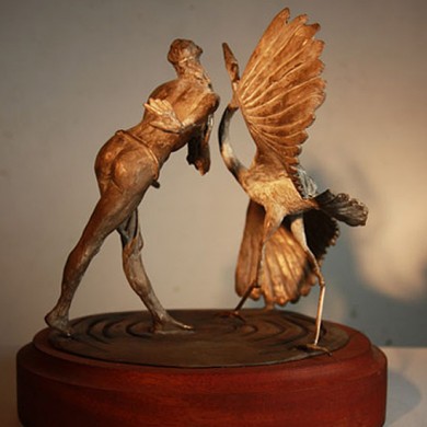 Athena Dances with her Heron, 2010, Bronze on Walnut, 7" x 8" x 6"