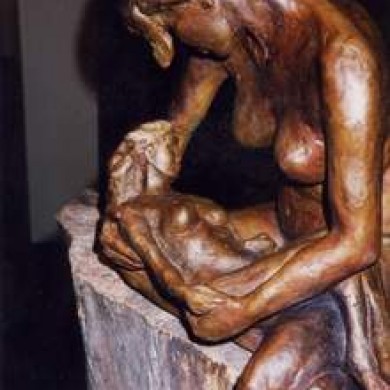 Woman Tending Her Spirit, 2000, Bronze on Wood, 20" x 15" x 15"